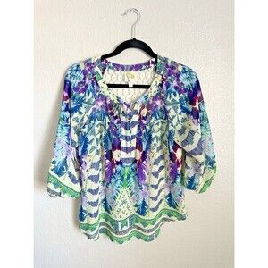 Fig & Flower Blouse Women's Size Petite Large Boho Abstract Print Floral Lace